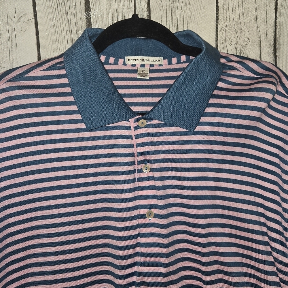 Peter Millar Short Sleeve Mercerized Cotton Polo Shirt Men’s XL Pink Blue Stripe
